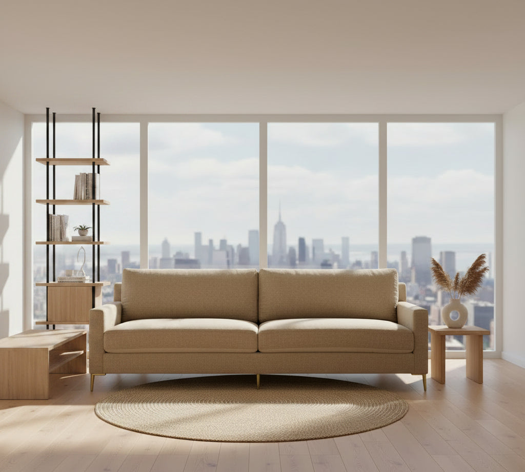 Beige sofa on a concrete floor with a white wall background