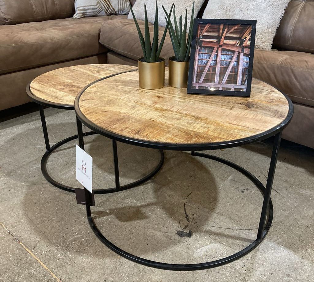 2pc Set Round Wood & Iron Nesting COFFEE/COCKTAIL TABLE 30Wx18H largest