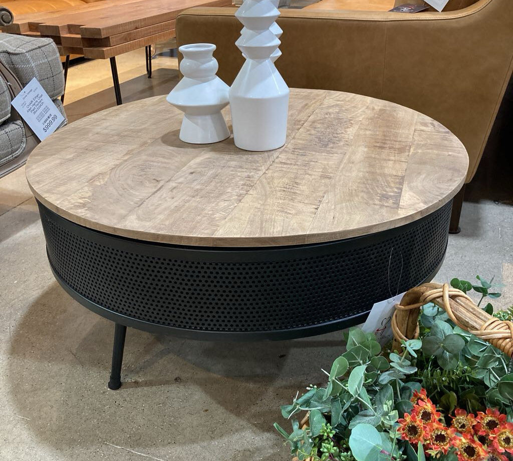 Villa2 Industrial Round Wood & Metal COFFEE/COCKTAIL TABLE Black/Weather Barn 35d9h