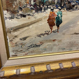 Original Oil on Canvas European Street Scene Signed ART WORK 37Wx29H