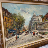Original Oil on Canvas European Street Scene Signed ART WORK 37Wx29H