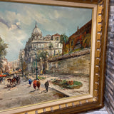 Original Oil on Canvas European Street Scene Signed ART WORK 37Wx29H