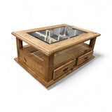 Rustic Pine 2-Drawer Glass Insert Top on Casters COFFEE/COCKTAIL TABLE 43Wx30Dxx19H