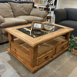 Rustic Pine 2-Drawer Glass Insert Top on Casters COFFEE/COCKTAIL TABLE 43Wx30Dxx19H