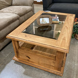 Rustic Pine 2-Drawer Glass Insert Top on Casters COFFEE/COCKTAIL TABLE 43Wx30Dxx19H