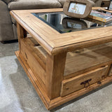 Rustic Pine 2-Drawer Glass Insert Top on Casters COFFEE/COCKTAIL TABLE 43Wx30Dxx19H