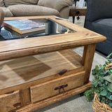 Rustic Pine 2-Drawer Glass Insert Top on Casters COFFEE/COCKTAIL TABLE 43Wx30Dxx19H