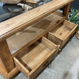 Rustic Pine 2-Drawer Glass Insert Top on Casters COFFEE/COCKTAIL TABLE 43Wx30Dxx19H