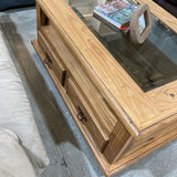 Rustic Pine 2-Drawer Glass Insert Top on Casters COFFEE/COCKTAIL TABLE 43Wx30Dxx19H