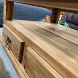 Rustic Pine 2-Drawer Glass Insert Top on Casters COFFEE/COCKTAIL TABLE 43Wx30Dxx19H