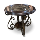 Round Scrolled Metal & Wood w/ Glass Top END/SIDE TABLE 25d24h