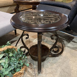 Round Scrolled Metal & Wood w/ Glass Top END/SIDE TABLE 25d24h
