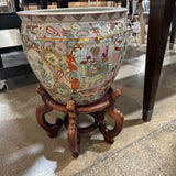 Large Porcelain Chinese Famille Rose Fishbowl Planter On Wooden Stand ACCESSORIES 16d24h