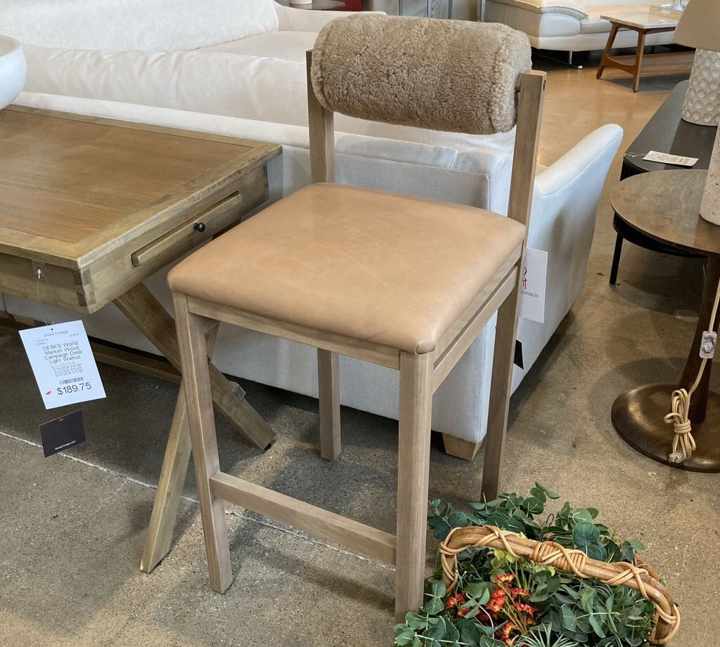 Thayer Bar Height Leather Shearling Wool Back BAR/COUNTER STOOL Tan 18Wx19.75Dx40H