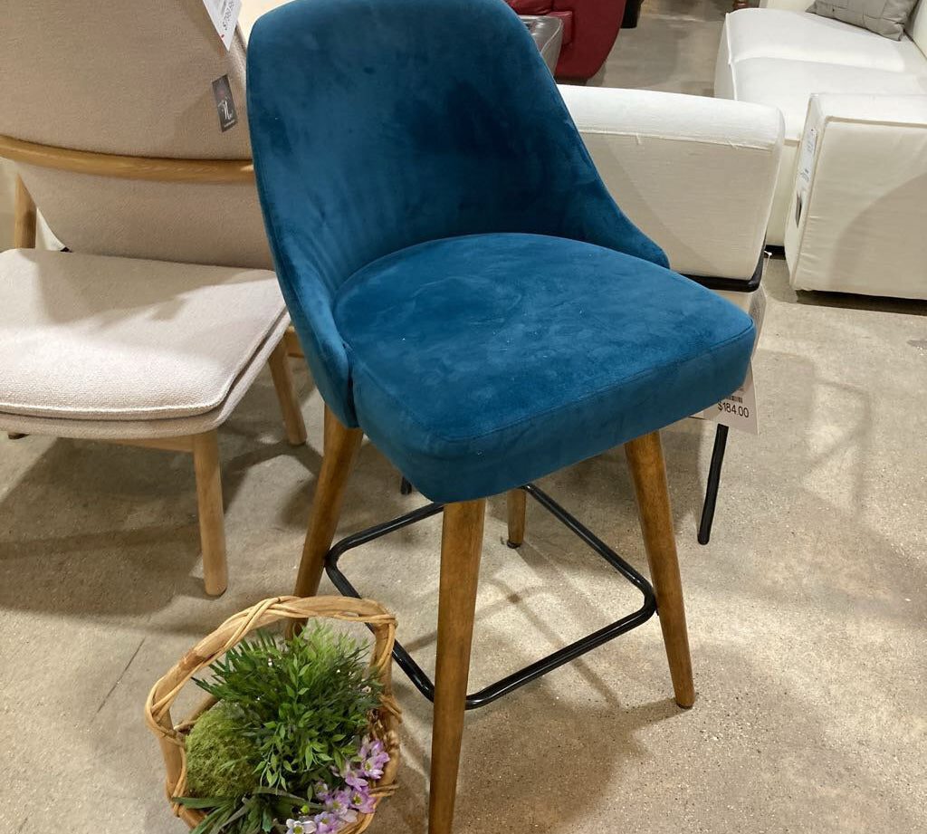 West Elm Counter Height Velveteen Swivel Wood Base BAR/COUNTER STOOL Blue 20Wx20Dx38H