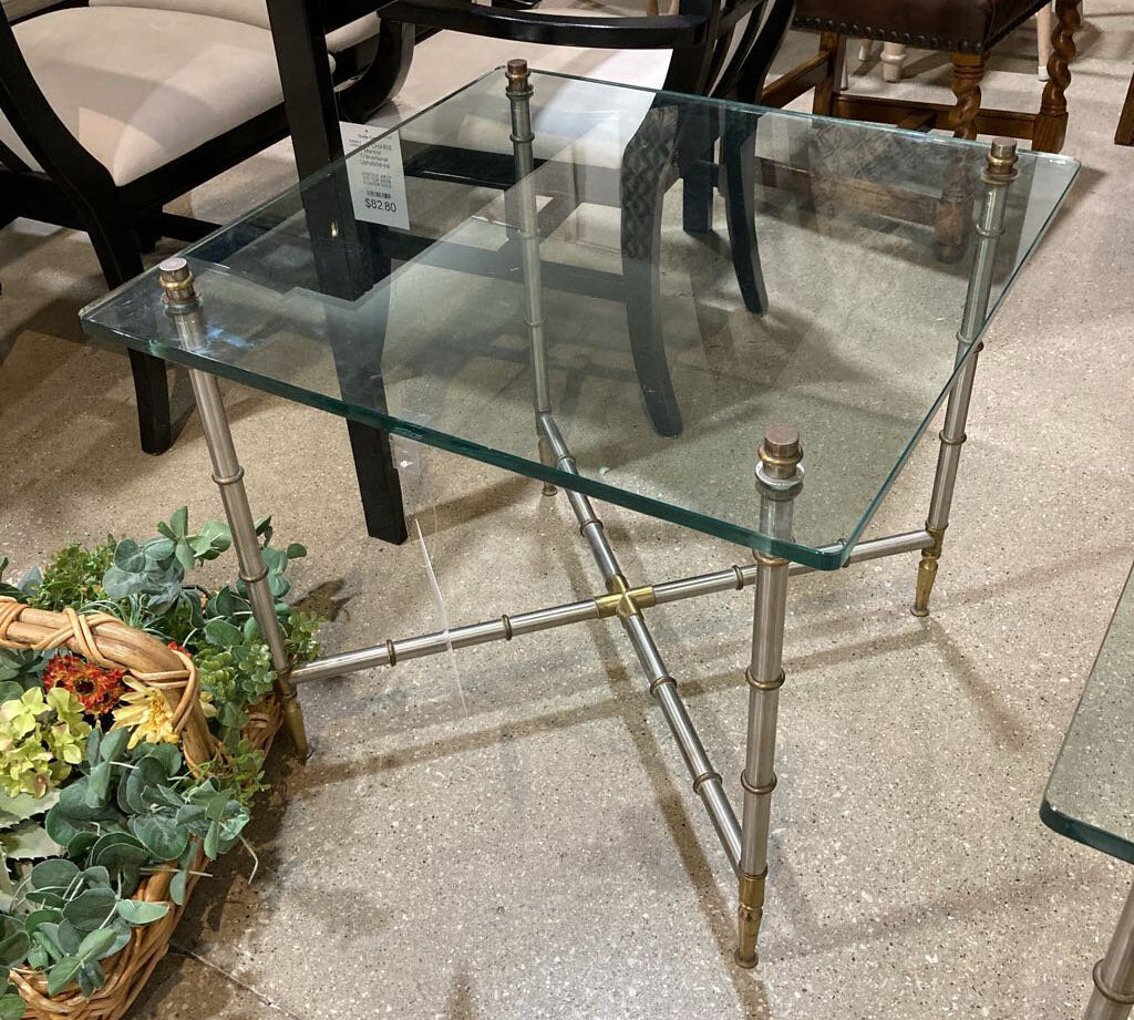 Mid-Century Metal Faux Bamboo Base w/ Glass Top END/SIDE TABLE 26w26d23h
