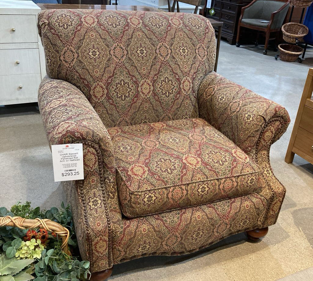 Bassett Upholstered Patterned Roll Arm w/ Nailhead Trim CHAIR 40w36d36h