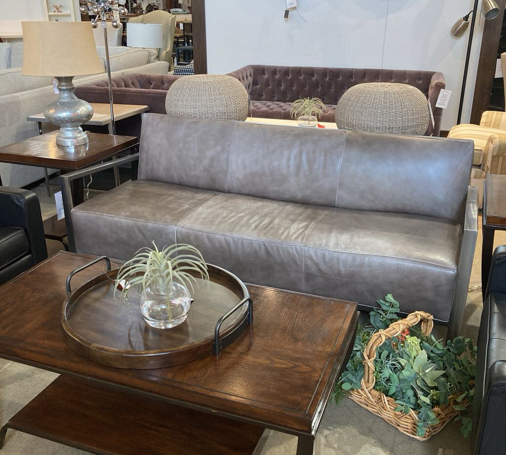 Room & Board 3-Seat Distressed Leather Metal Outline Frame SOFA 76Wx30Dx29
