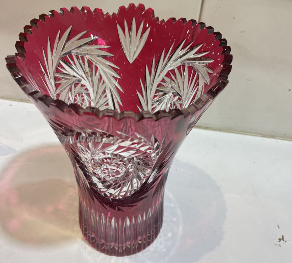 Cranberry Cut to Clear Sawtooth Edge Vase GIFT 8Wx11H