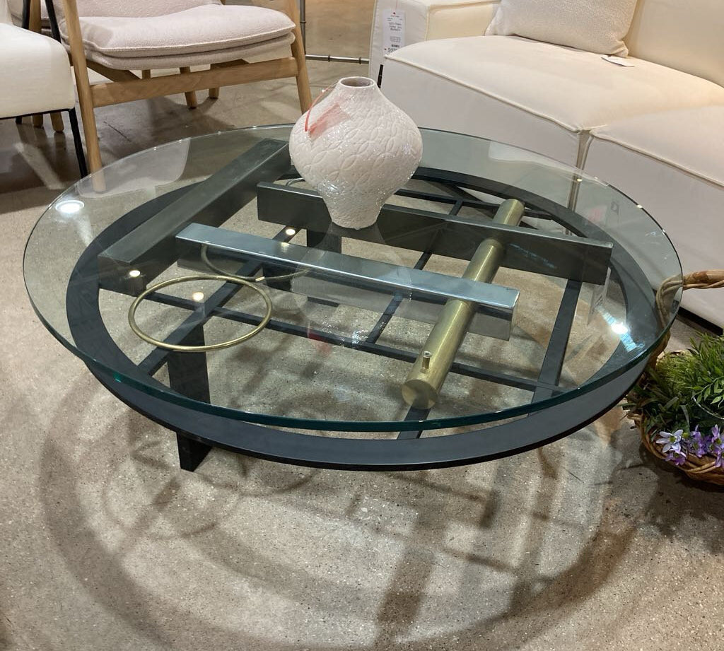 Kaizo Oto For Design Institute of America 80s Post Modern Sculptural Metal Base w/ Round Glass Top COFFEE/COCKTAIL TABLE 44Wx14.5H