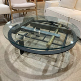 Kaizo Oto For Design Institute of America 80s Post Modern Sculptural Metal Base w/ Round Glass Top COFFEE/COCKTAIL TABLE 44Wx14.5H