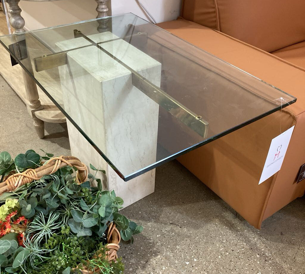 Italian Artedi Travertine Brass & Glass Top SIDE TABLE 30Wx20Dx21H