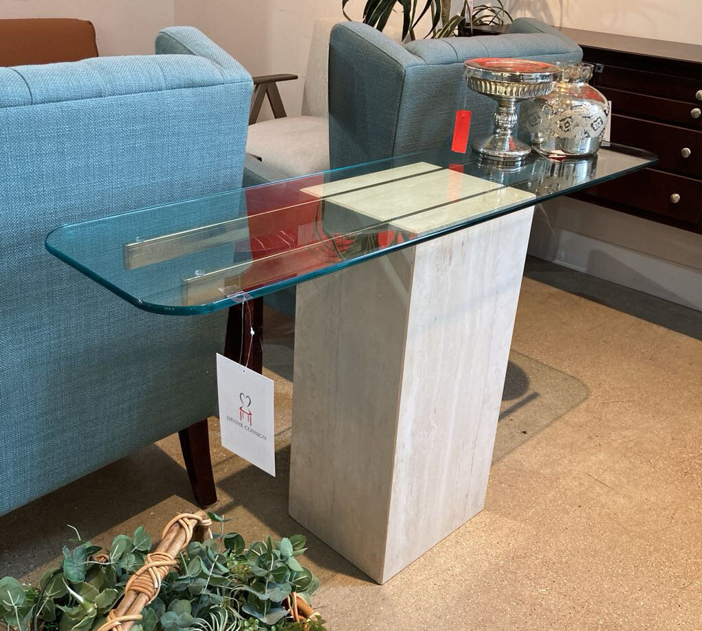 Italian Artedi Travertine Brass & Glass Top CONSOLE TABLE 54Wx14Dx30H