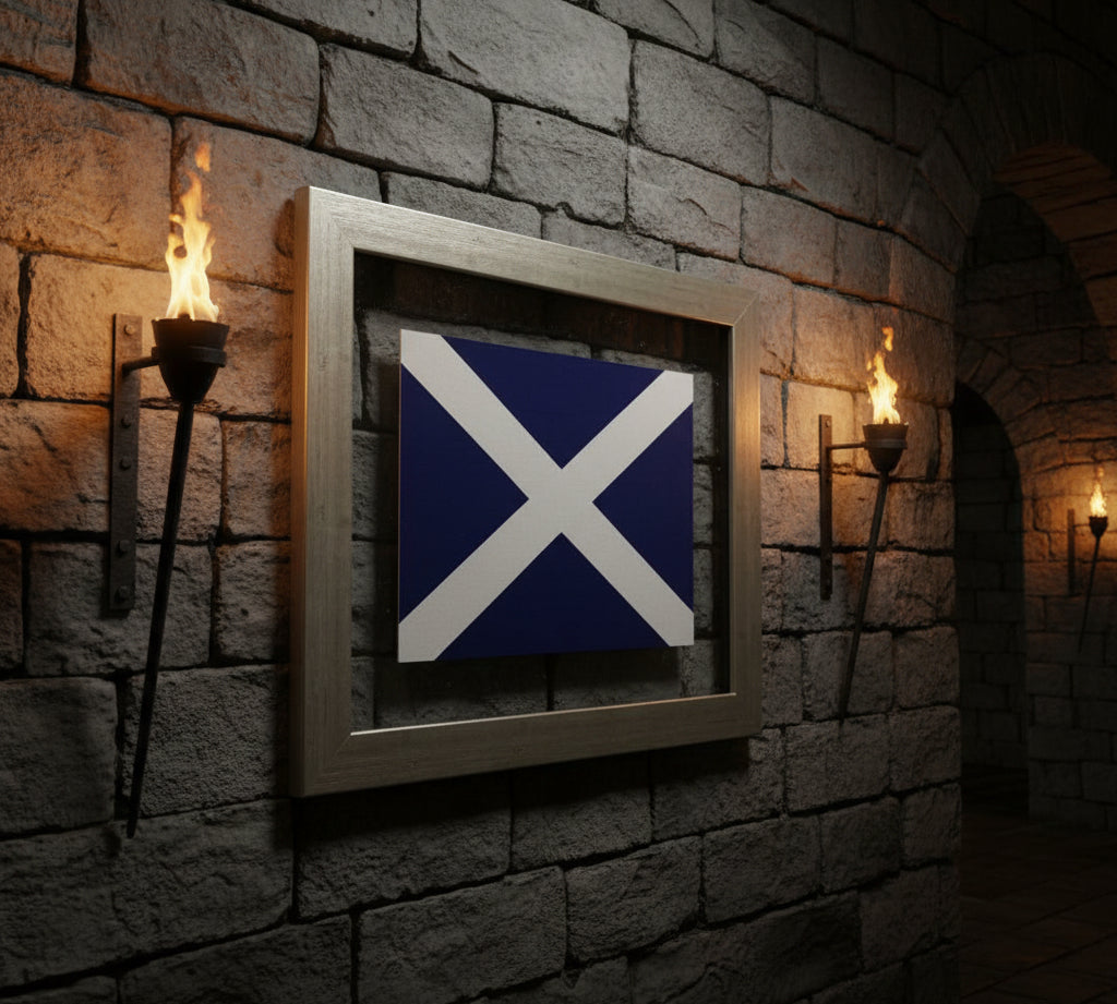 Framed flag with a blue background and white cross on a wooden wall.
