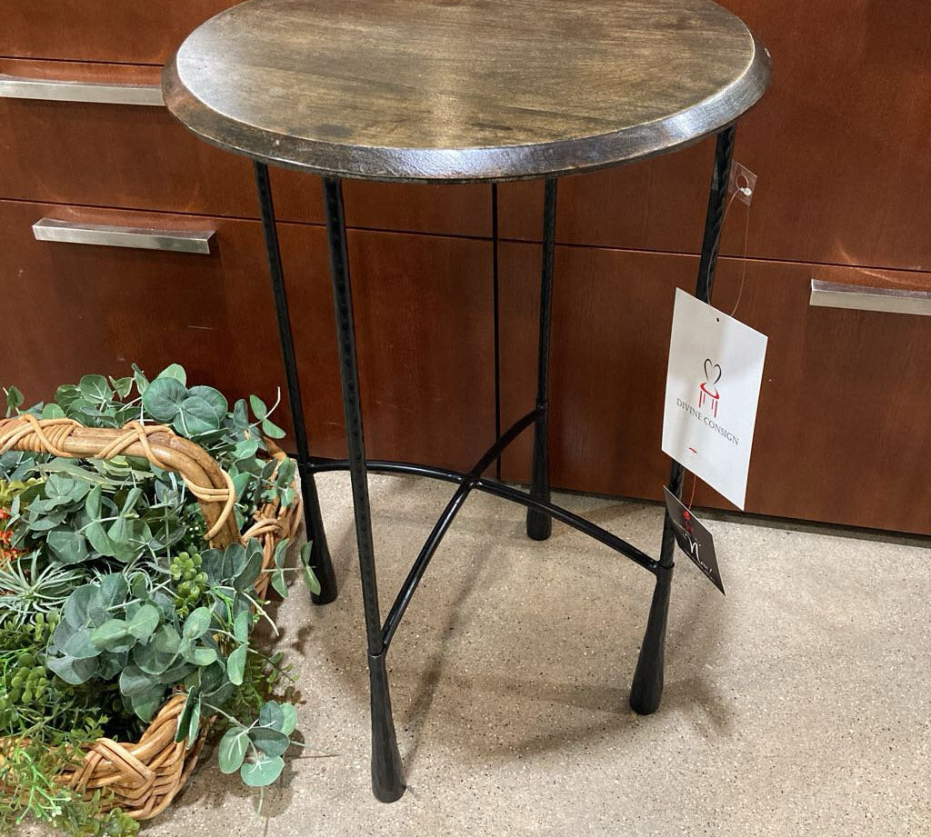 Bastian Sculptural Metal Base Wood Top SIDE TABLE 17Wx28H