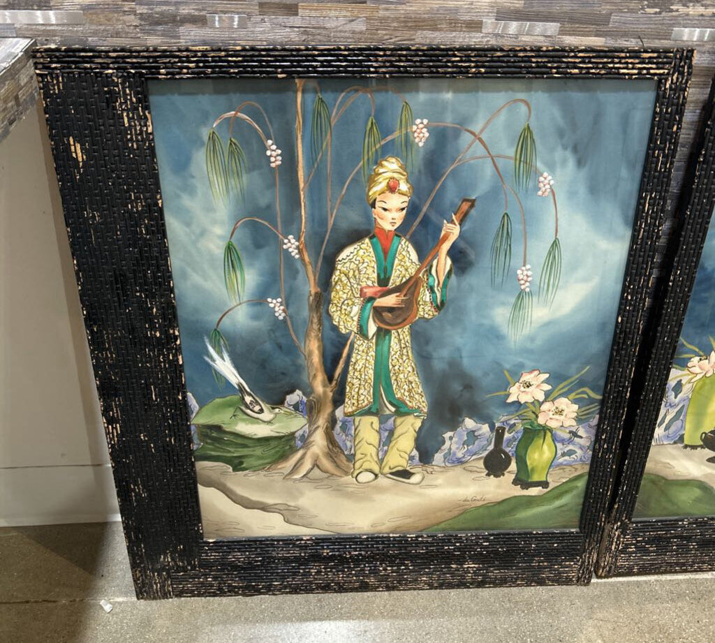 Set Of 2 MCM Chinoiserie Signed Prints ART WORK 32x36