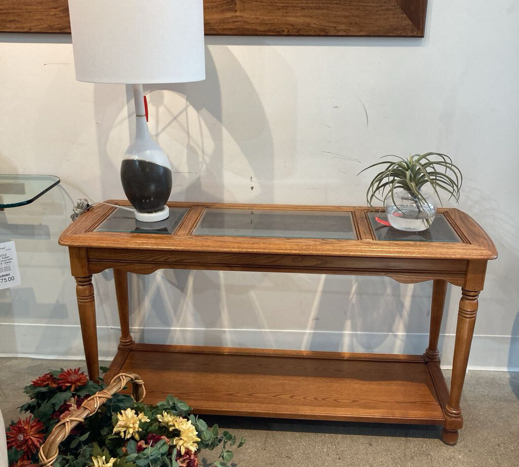 Golden Oak w/ Glass Insert Top CONSOLE TABLE 52Wx17Dx26H