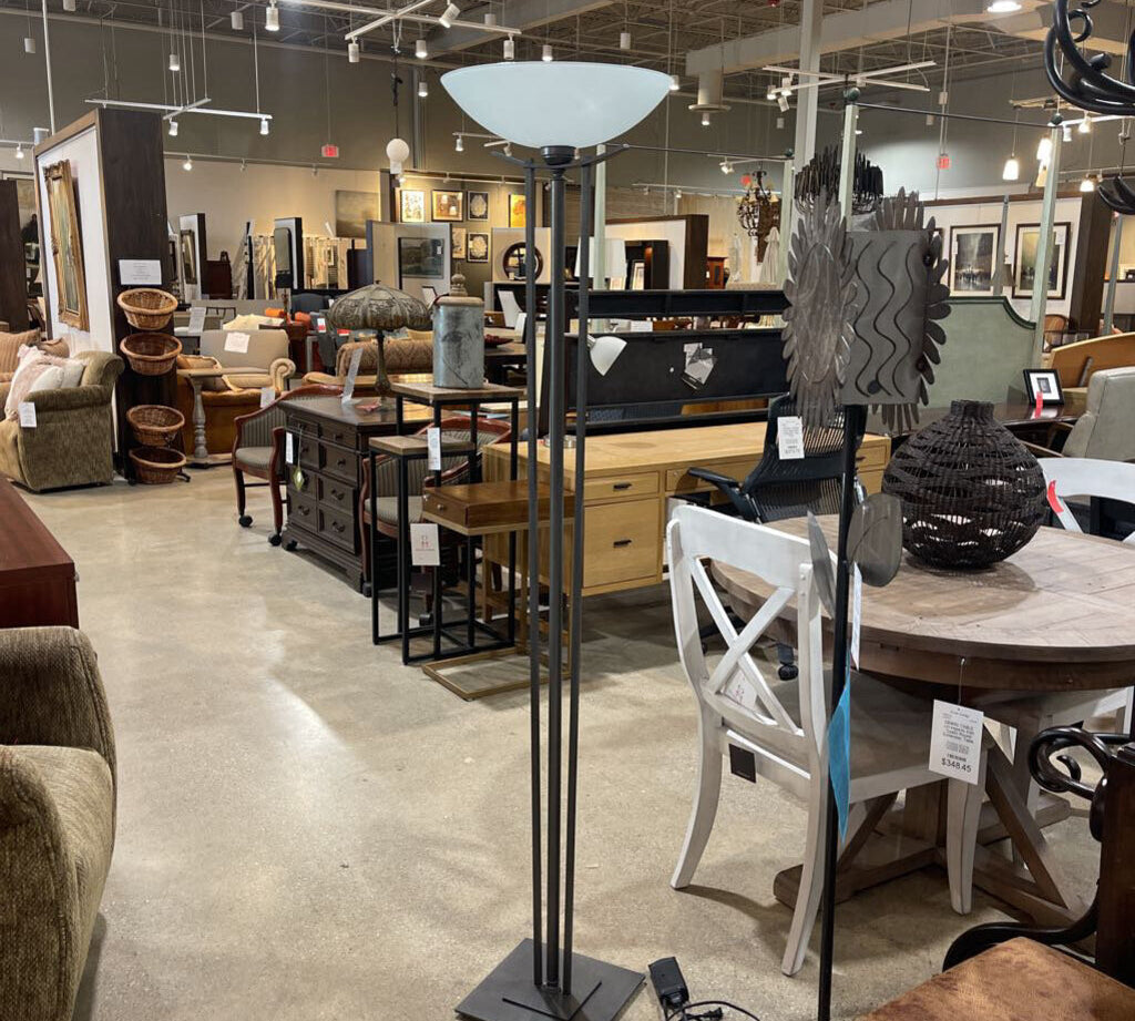 Modern Gun Metal Base w/ Glass Shade Torchier w/ Floor Dimmer Switch FLOOR LAMP 16Wx71H