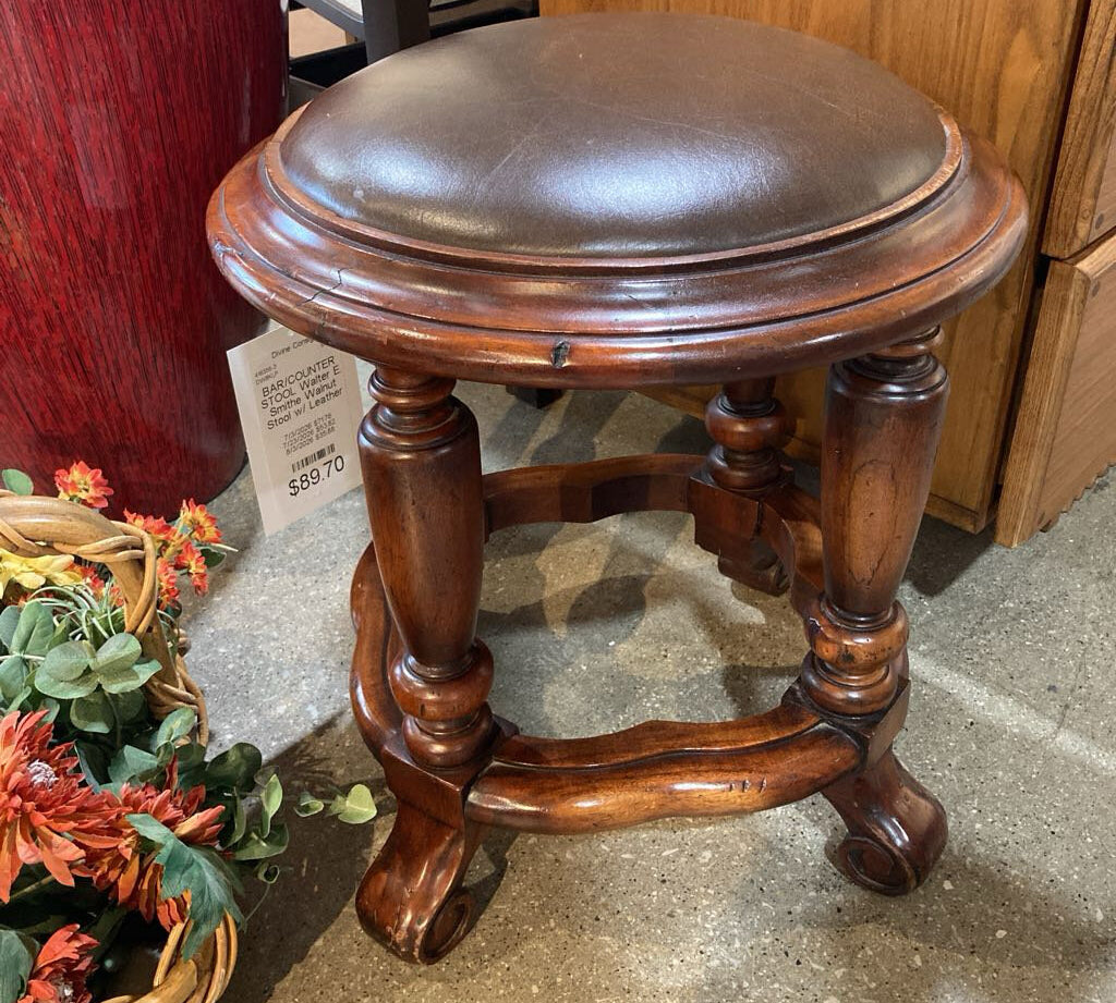 Walter E. Smithe Walnut Stool w/ Leather Seat BAR/COUNTER STOOL 17.5d19h