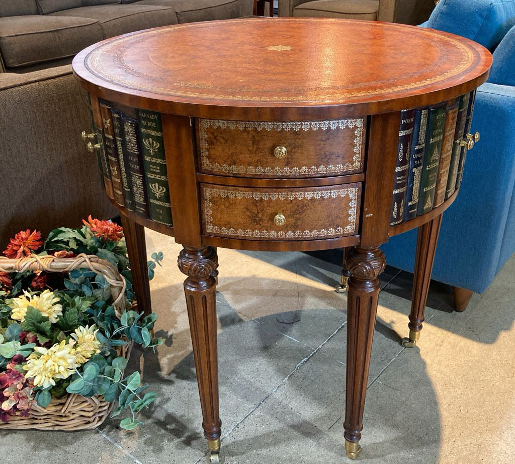 Maitland Smith Book Themed Trom l'Oeil Leather Center Drum SIDE TABLE 30Wx28.5H