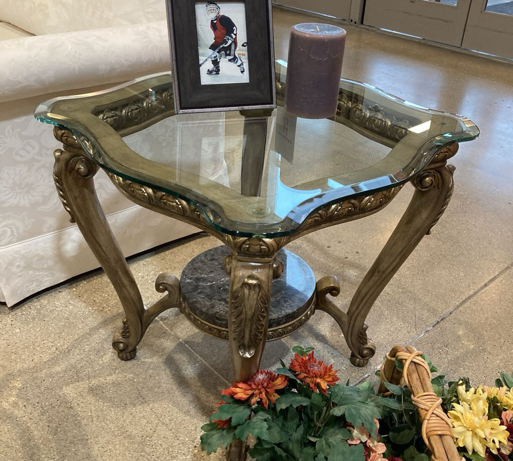 Ornate Base w/ Glass Top SIDE TABLE 25Wx24H