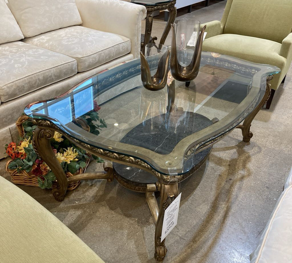 Glass Top Ornate Base COFFEE/COCKTAIL TABLE 51Wx32Dx20H