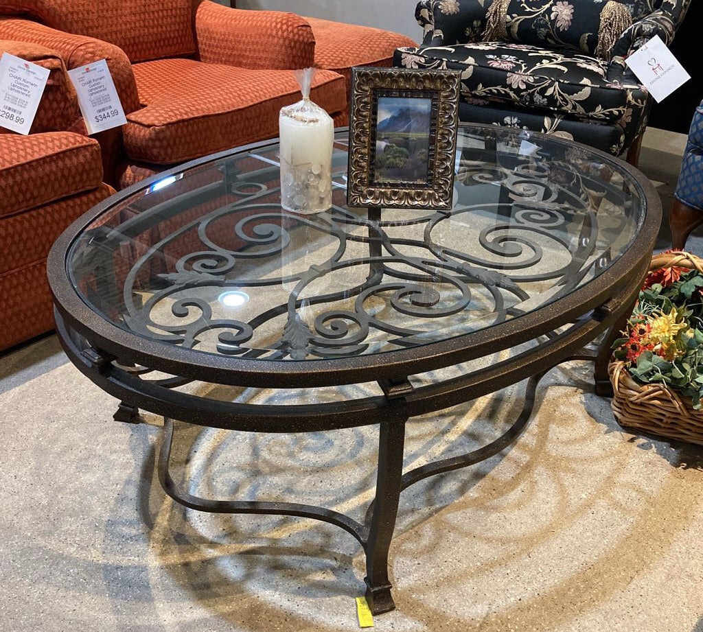 Iron Scrollwork Base Oval Glass Top COFFEE/COCKTAIL TABLE 48Wx34Dx17H