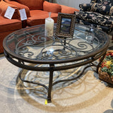 Iron Scrollwork Base Oval Glass Top COFFEE/COCKTAIL TABLE 48Wx34Dx17H