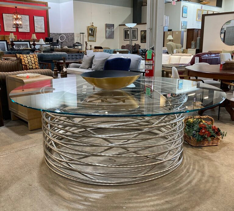1970s Sculptural Italian Spiral Base w/ Round Glass Top DINING TABLE 84d29h