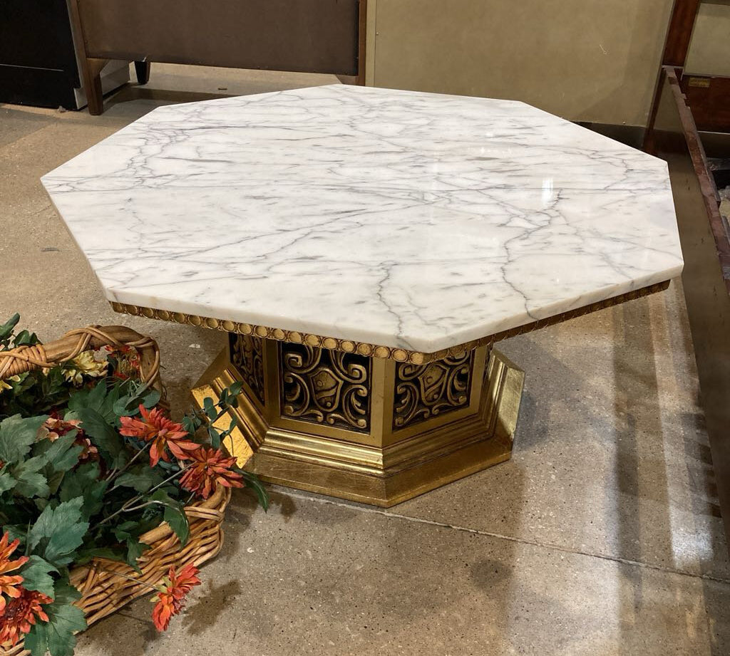Mid-Century Octagonal Marble Top & Ornate Brass Base COFFEE/COCKTAIL TABLE 38w38d18h