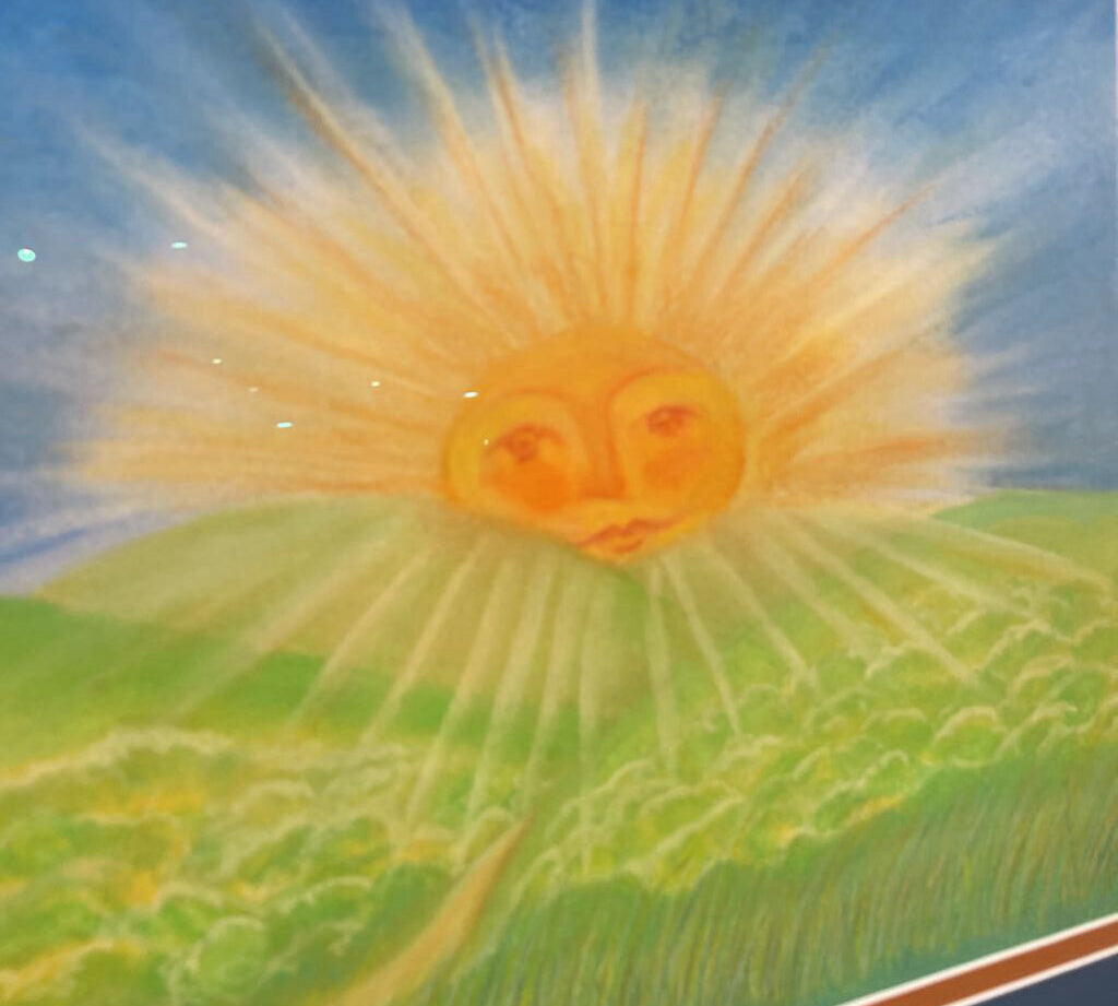 Whimsical Rising Sun Pastel Drawing Custom Framed ART WORK 24Wx20H