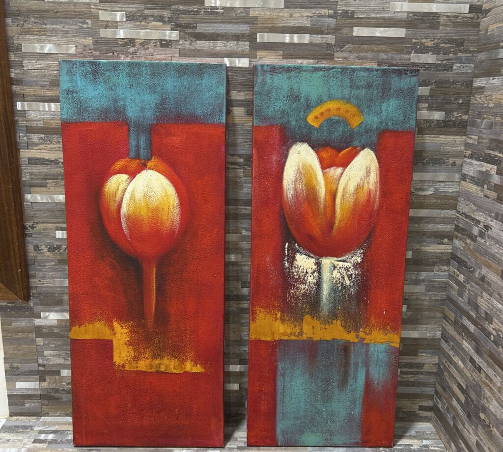 2pc Set Textured Tulips On Canvas ART WORK 12x30