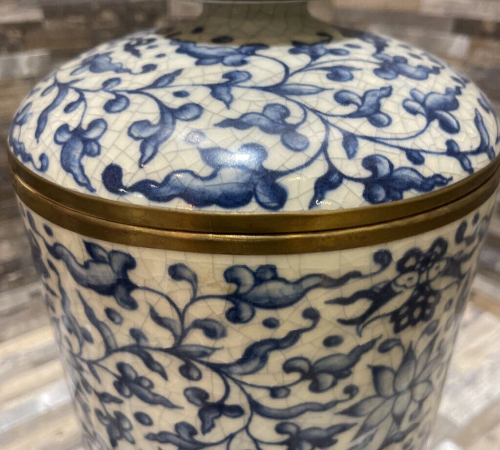 Fine Asian Lidded Cylinder Jar w/ Brass Accents ACCESSORIES 6.5Wx12.5H