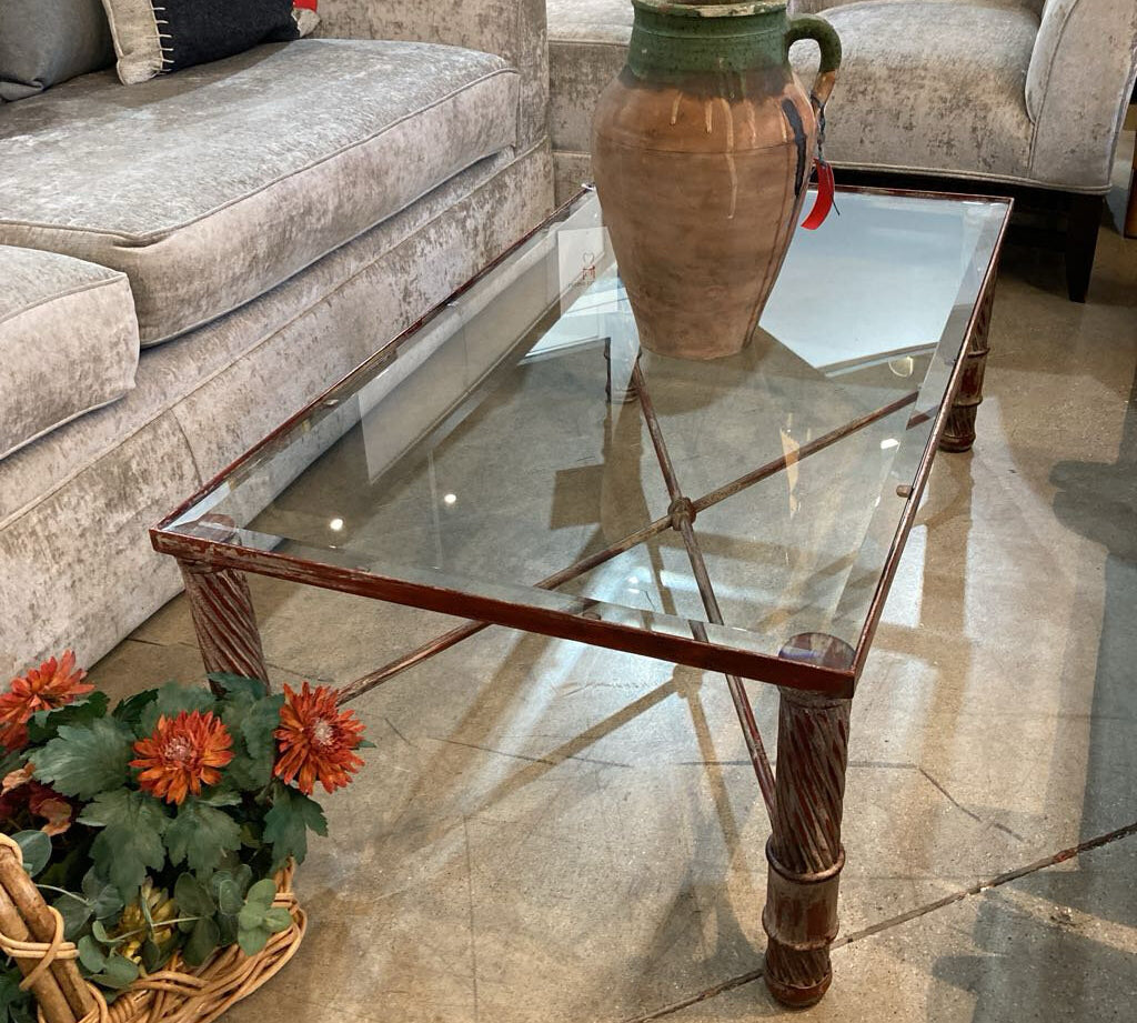 Sculptural Rectangular Rustic Glass Top COFFEE/COCKTAIL TABLE 48w26d17h