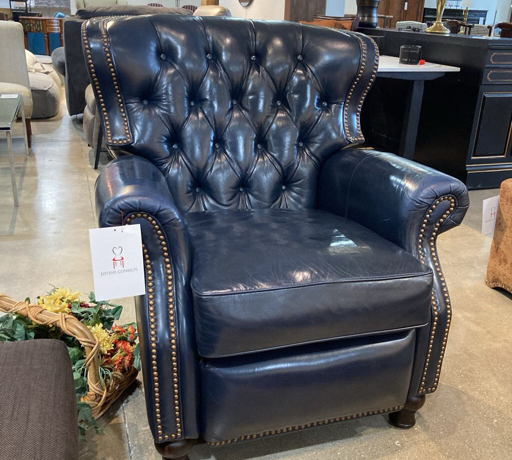 Barcalounger Leather Presidential w/ Brass Tack Trim RECLINERS Blue 34.5W40.5Dx40.25H