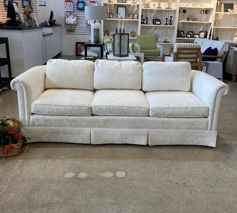 Baker Furniture Damask Skirted Roll-Arm SOFA 83w34d26h