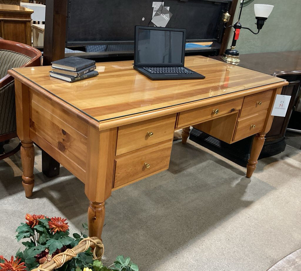 Honey Pine 4-Drawer Writing Desk w/ Glass Top DESKS 62w31d31h