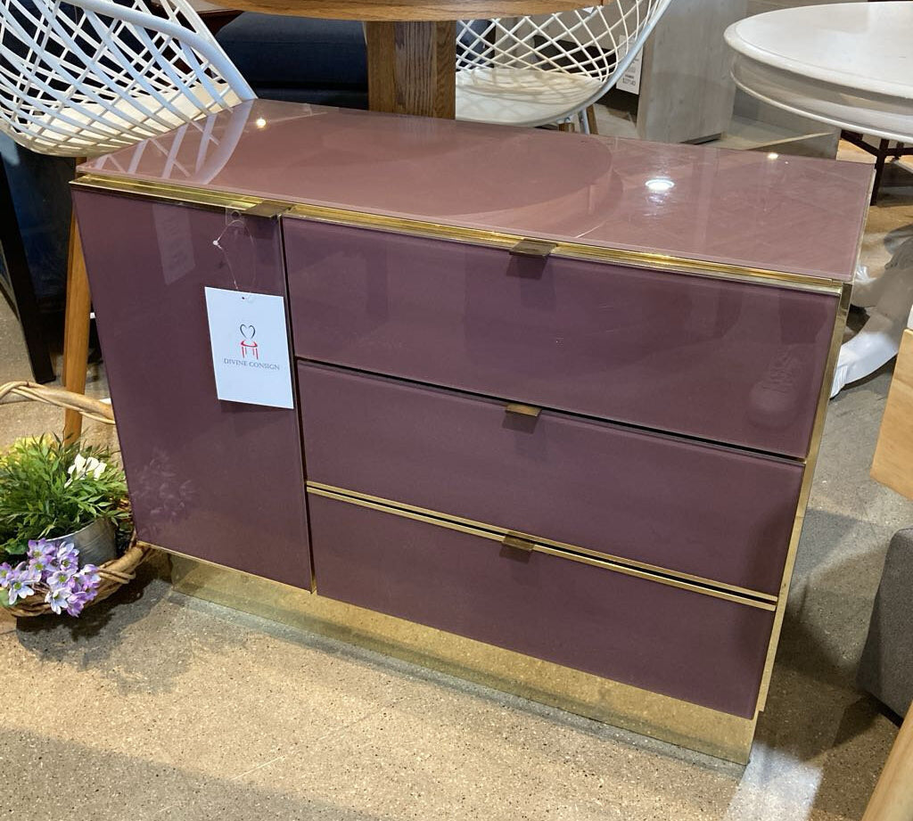 1970s Mauve Glass & Polished Brass Server FURNITURE 36w17d27h