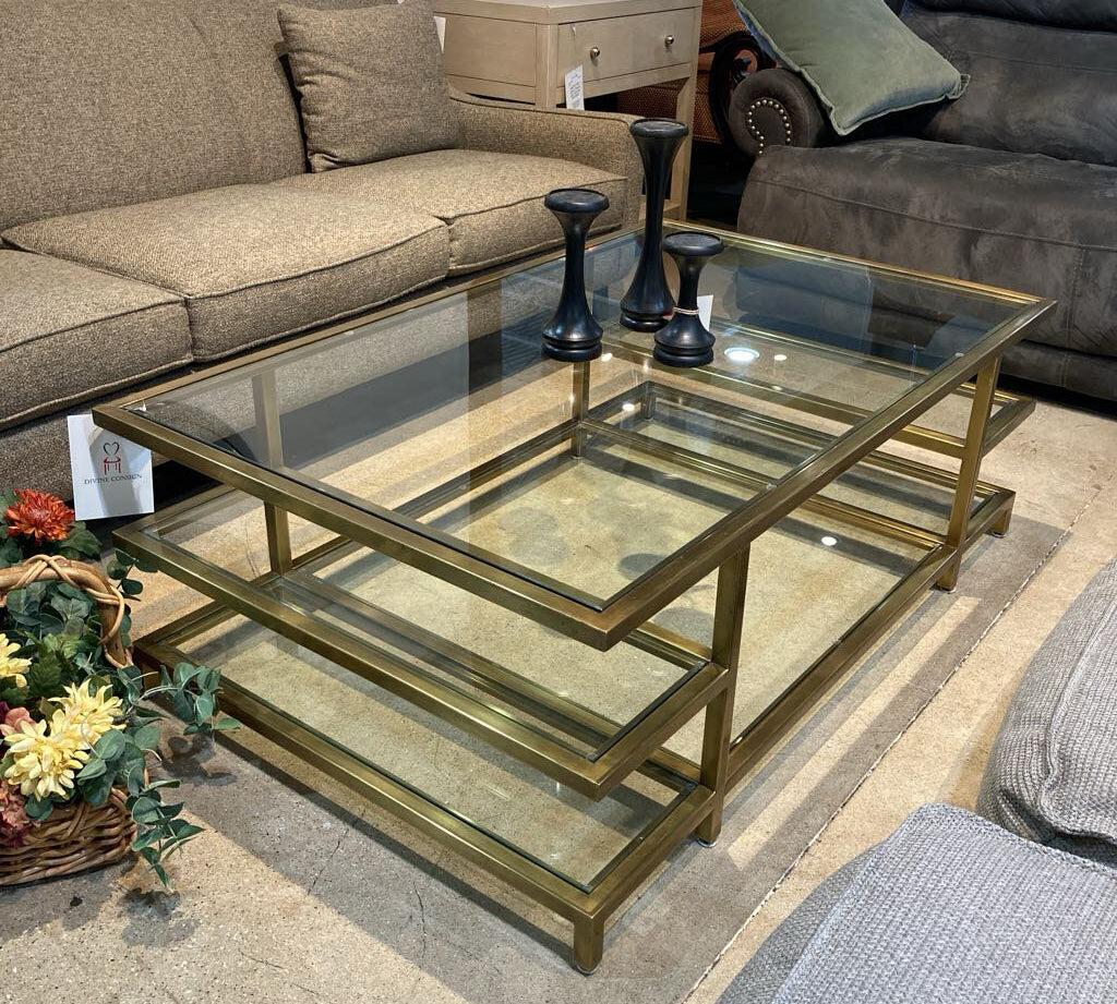Williams Sonoma Tribeca Glass & Brass COFFEE/COCKTAIL TABLE 52w32d18h