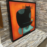 "Black Cat On Head" By Terry Runyan Framed Canvas ART WORK 28x28